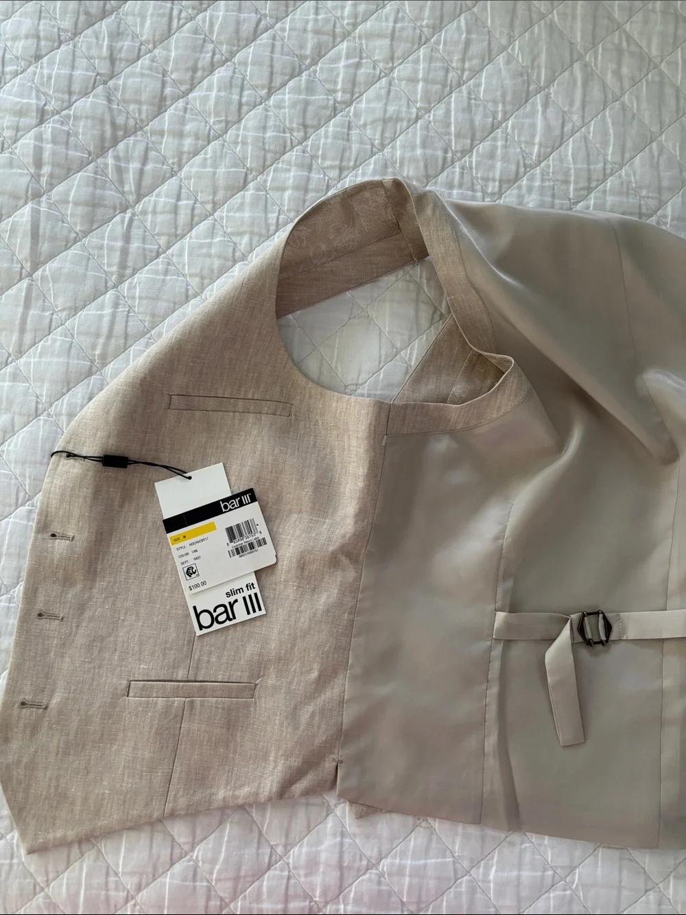 Bar III Men's Adjustable Slim Fit Linen Blend Vest in Light Beige